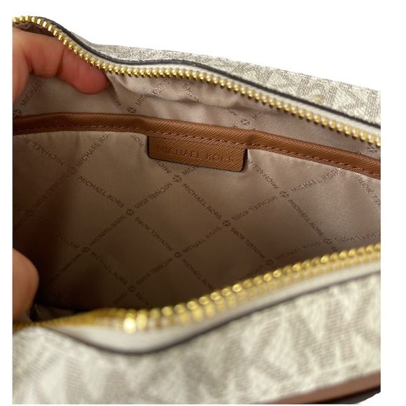 Michael Kors Crossbody Bag Jet Set Large Leather MK print logo Vanilla - Picture 10 of 11
